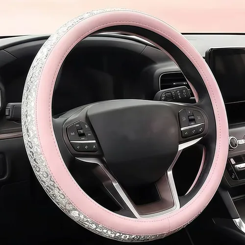 Funda de volante rosa con diamantes de imitación, protector antideslizante de cuero con purpurina para volante de automóvil, ajuste universal para