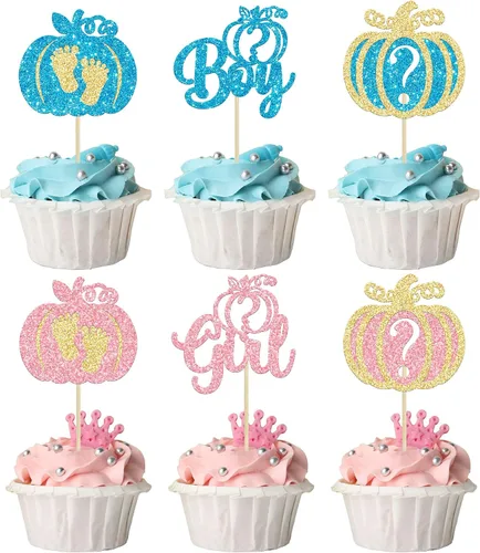 24 adornos para cupcakes de calabaza para niños o niñas con purpurina para revelación de género, decoración para cupcakes de calabaza, pies