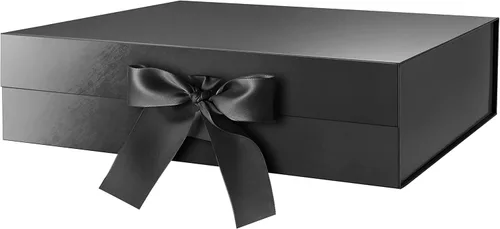 GREEN BEAN Caja de regalo grande con tapa para regalo de 13 x 9.7 x 3.4 pulgadas, caja de regalo magnética negra para el día del padre con cinta,