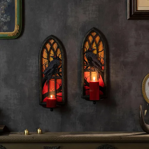 Miniatura 6 de Juego de 2 candelabros góticos de pared, diseño de cuervo de hierro forjado con bandejas extraíbles para velas cónicas y pilares, diseño medieval