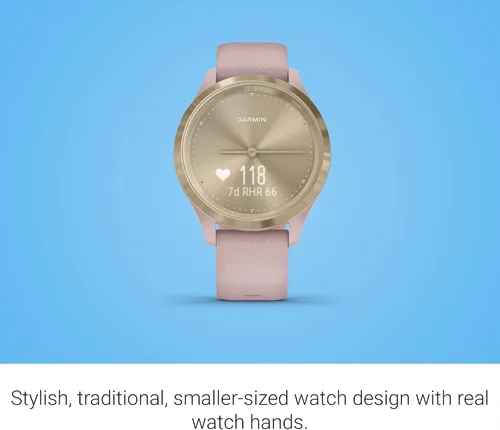 Garmin Vivomove 3S, reloj inteligente híbrido de tamaño más pequeño con manecillas de reloj reales y pantalla táctil oculta, color dorado claro con