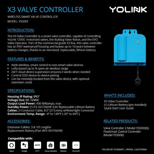Miniatura 2 de Kit de controlador de válvula YoLink X3 certificado NSF, válvula de bola de acero inoxidable de 1 pulgada, LoRa de largo alcance, litio de más de 10