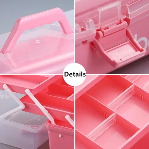 Miniatura 4 de Kinsorcai Caja de almacenamiento de plástico transparente de tres capas de 12 pulgadas con asa, caja de herramientas para manualidades, caja de Rosa