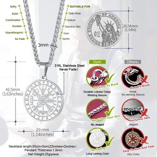 Miniatura 3 de FaithHeart Viking Medal Necklace for Men Sturdy Stainless Steel Pendant Necklaces Retro Norse Mythology Jewelry with Gift Box