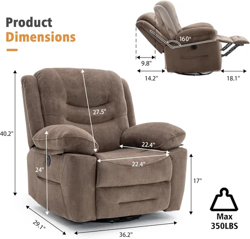 Miniatura 2 de Ketaiyou Sillón Reclinable Eléctrico Giratorio Basculante con Masaje y Calor, Puerto USB, Posición Infinita, Sillas Mecedoras Deslizantes Eléctricas