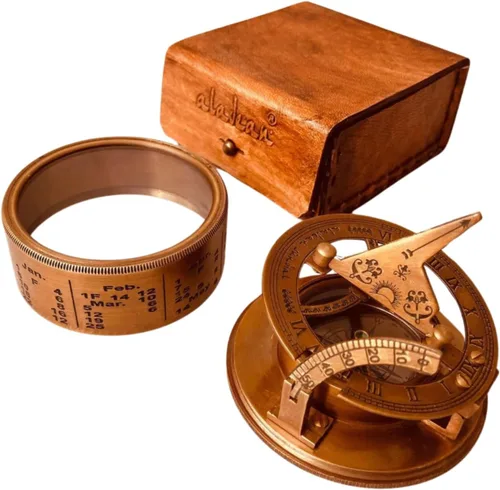 Miniatura 3 de ALADEAN Reloj de reloj de sol de latón vintage, brújula náutica antigua, reloj de reloj de sol en caja de regalo de cuero de recuerdo, reloj de sol