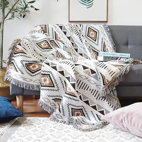 Manta de sofá tejida bohemia con borlas, decoración del hogar, funda de deslizamiento, manta de camping (blanco)