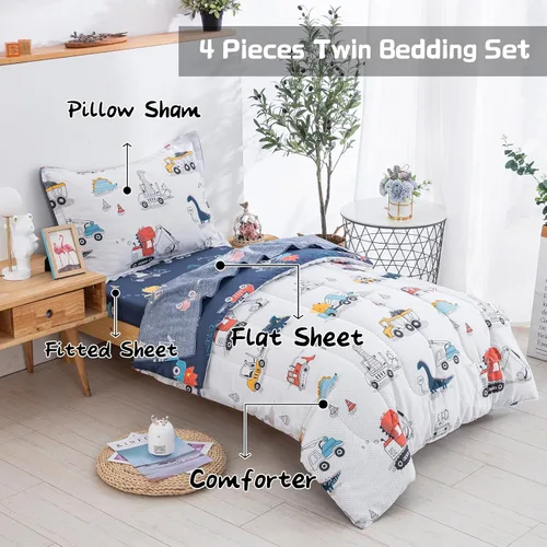 Miniatura 3 de DJY Juego de ropa de cama de algodón tamaño Twin, juego de edredón reversible de dinosaurios y autos para niños y niñas, 4 piezas de cama en una