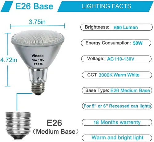 Miniatura 4 de Vinaco Luz de inundación PAR30 de 50 W, paquete de 6 unidades de alto brillo 650LM PAR30 halógeno de cuello largo regulable, inundación PAR30L de 50