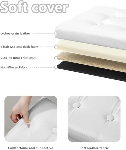 Miniatura 4 de Bsketa - Otomana de almacenamiento plegable, taburete con asiento acolchado de espuma más gruesa, pequeña otomana de cuero con almacenamiento, Blanco