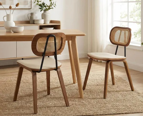 Miniatura 11 de Ya-Home Mid-Century - Juego de 2 sillas de comedor con respaldo de caña de ratán, asiento tapizado de piel sintética, patas de metal negro, sillas