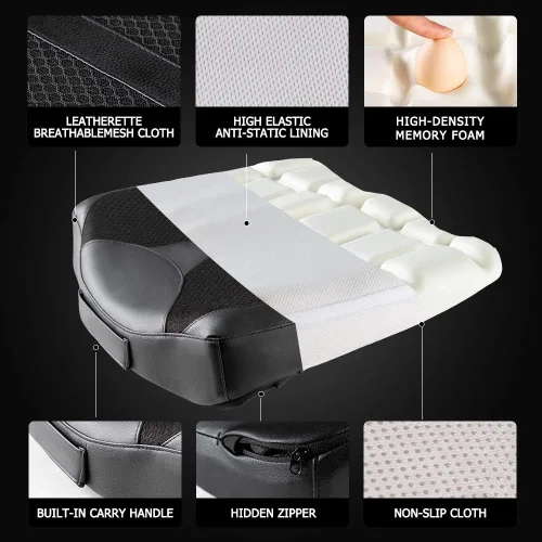 Miniatura 5 de Cojín de asiento de espuma viscoelástica de cuero para coches para personas bajas, para aliviar el dolor de cadera (coccis/cóccix) y de espalda