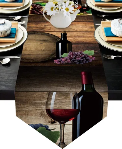 Miniatura 2 de Camino de mesa de arpillera, bufandas de copa de vino tinto, barril de madera, uva, camino de mesa de lino duradero para mesa, granja, decoración