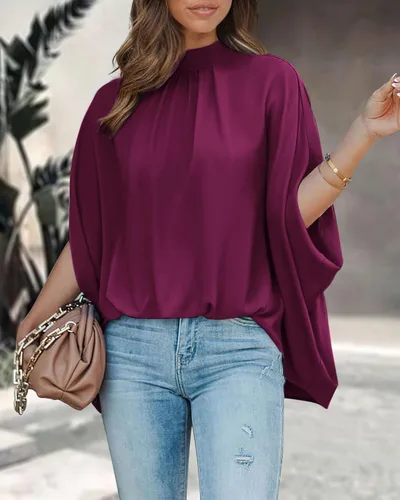 Miniatura 95 de BTFBM Blusas de verano para mujer, cuello alto falso, manga murciélago, holgadas, dobladillo alto y bajo, blusas informales de gran