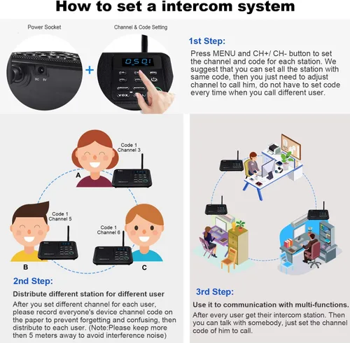Miniatura 6 de Wuloo Intercomunicadores inalámbricos para el hogar 1 milla de alcance 22 canales 100 pantalla de visualización de código digital, sistema de Negro