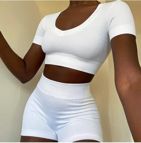 Miniatura 5 de GXIN Conjunto de 2 piezas de entrenamiento para mujer, sin costuras, acanaladas, de manga corta, de cintura alta, pantalones cortos para correr
