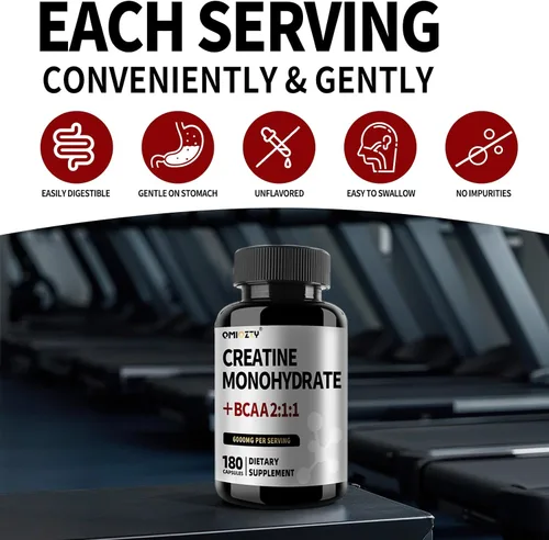 Miniatura 6 de Cápsulas de monohidrato de creatina micronizada de 6000 mg con BCAA2:1:1 - Ingredientes activos que apoyan la fuerza y la recuperación - Suplementos