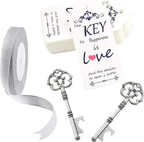Miniatura 3 de Makhry Juego de 52 abrebotellas con llave de esqueleto, recuerdos de boda para invitados, juego de recuerdo personalizado con tarjetas de regalo
