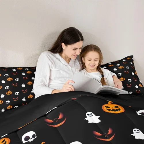 Miniatura 2 de Juego de edredón de dibujos animados tamaño individual, bonito edredón con patrón de farol de calabaza, relleno de edredón de Halloween para niños