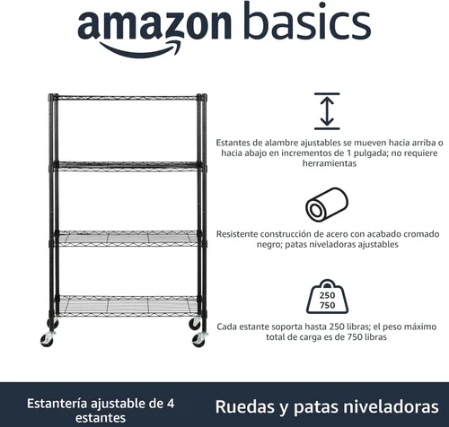 Miniatura 4 de Amazon Basics Estantería de almacenamiento ajustable de 4 estantes, resistente, sobre ruedas giratorias de 3 pulgadas, estante de alambre Negro