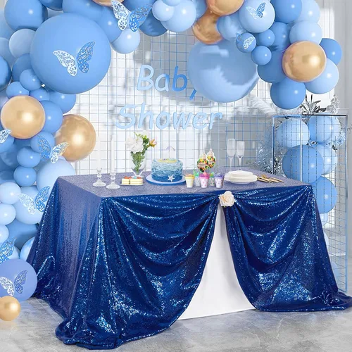 Miniatura 7 de Mantel de lentejuelas azul con purpurina para cumpleaños, mantel brillante y brillante para mesa rectangular de 90 x 90 pulgadas, manteles de Azul