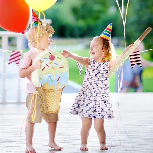 Miniatura 5 de Piñata de helado de 15.8 x 9.5 pulgadas, piñata en forma de cono de helado con barra para fiesta de cumpleaños, fiesta de dulces de verano, baby