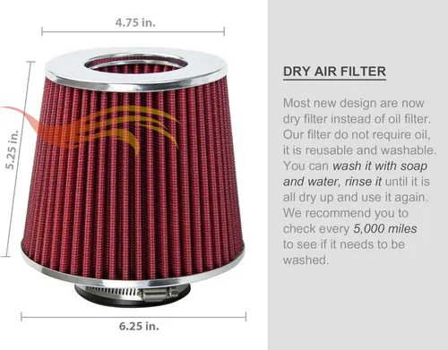 Miniatura 4 de Rtunes Racing RED 3.5" 89 mm Cono de admisión de aire frío para camiones de repuesto de entrada Rendimiento Lavable Abrazadera Filtro de aire seco