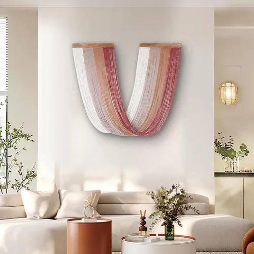 Miniatura 8 de lokeisna Macramé para colgar en la pared, tapiz tejido beige y rosa polvoriento, hecho a mano, decoración de pared de macramé, galería y guardería