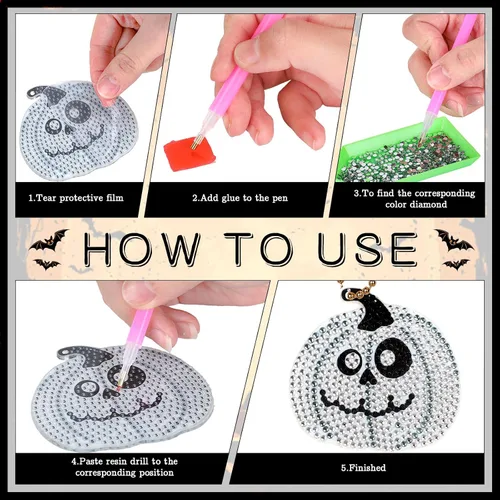 Miniatura 4 de Whaline Kit de llavero de dibujo de diamantes de Halloween, hecho a mano, caricatura, monstruo, vampiro, momia, gato, colgante de dibujo