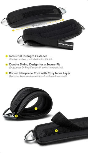 Miniatura 3 de Fitgriff® Correas de tobillo V1 para máquina de cable (2 piezas) - Equipo de entrenamiento para gimnasio - Accesorio de polea para piernas, correas