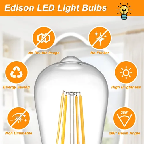Miniatura 9 de Ascher – Bombillas LED Edison vintage, 6 W, equivalentes a 60 W de bombillas incandescentes, no regulables, luz blanca cálida 2700K, bombillas
