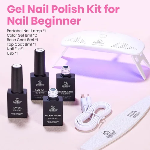 Miniatura 27 de Beetles - Kit de esmalte de uñas de gel rosa nude con lámpara de uñas LED UV, 6 piezas, kit de iniciación, gel base, capa superior, juego de esmalte