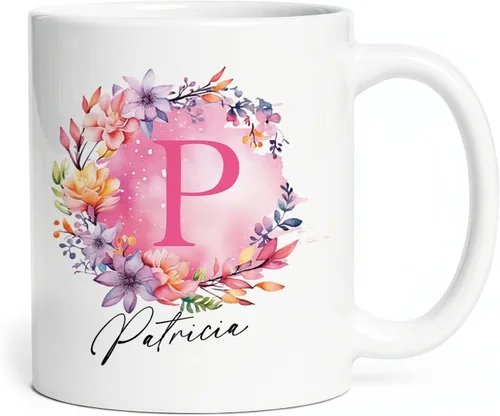 Miniatura 12 de Taza de cerámica blanca con monograma de letra inicial personalizada, alfabeto floral, nombre personalizado y inicial A-Z, taza de café de 11 onzas