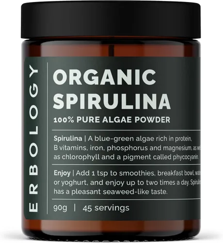 Erbology Polvo de espirulina orgánica de 3.2 onzas, 45 porciones, de origen sostenible en Portugal, apoyo de energía e inmunidad, rico en clorofila,