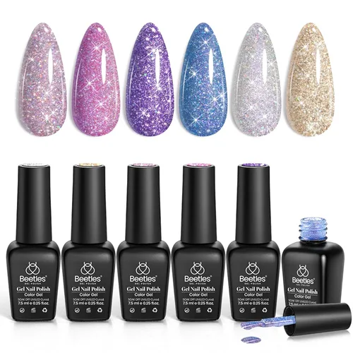 Miniatura 33 de Beetles - Juego de esmaltes de uñas de gel para boda, 6 colores, color nude, rosa, malva, blanco, con brillantina, para remojar con luz UV LED, arte