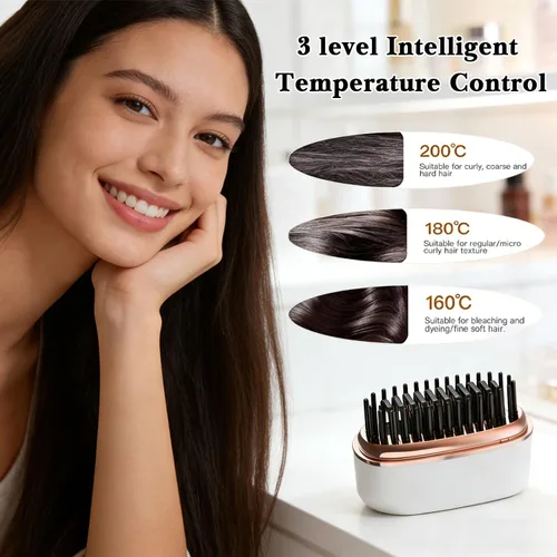 Miniatura 2 de Mini cepillo alisador de pelo inalámbrico - Cepillo eléctrico portátil con calentamiento rápido y 3 ajustes de temperatura - Peine alisador