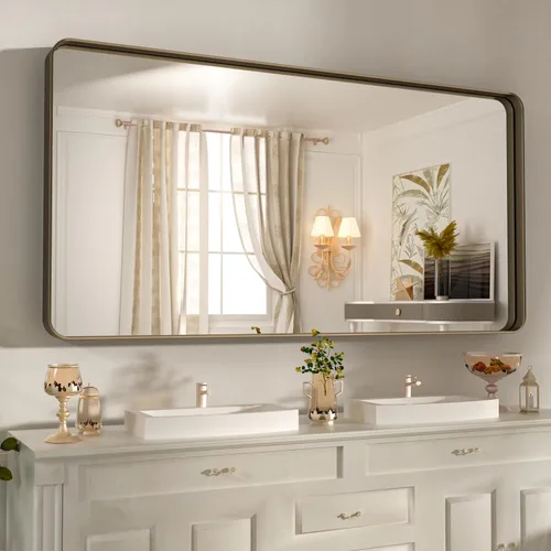 Miniatura 108 de WEER - Espejo de baño dorado, espejo de 40x32 pulgadas con marco de metal dorado cepillado, espejo de tocador de baño de oro para pared