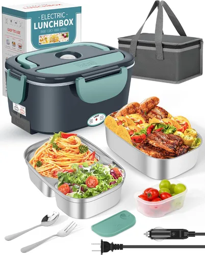 Miniatura 12 de Eocolz Fiambrera eléctrica calentador de alimentos de 80-100 W, calentador de alimentos con doble contenedor, 1.5L, lonchera portátil calentada