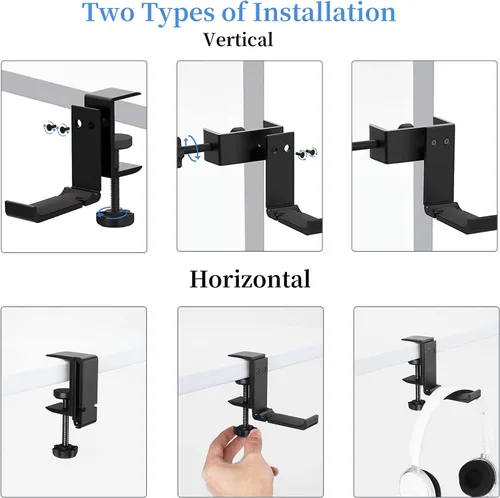 Miniatura 7 de Soporte de aluminio para auriculares debajo del escritorio, soporte plegable para auriculares con organizador de cables, gancho ajustable