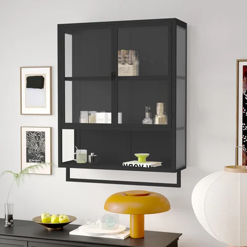 Miniatura 9 de Armario de pared de doble puerta de vidrio brumoso estilo retro con estantes desmontables para oficina, comedor, sala de estar, cocina y baño negro