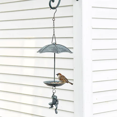 Miniatura 3 de Sungmor Comedero decorativo colgante para pájaros, baño de pájaros de hierro fundido impermeable, diseño único de paracaidismo de rana verde