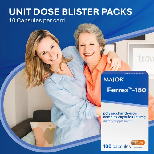 Miniatura 6 de MAJOR Ferrex-150 cápsulas complejas de polisacárido y hierro de 150 mg suplemento de hierro para mujeres y hombres - Suave con el estómago - 100