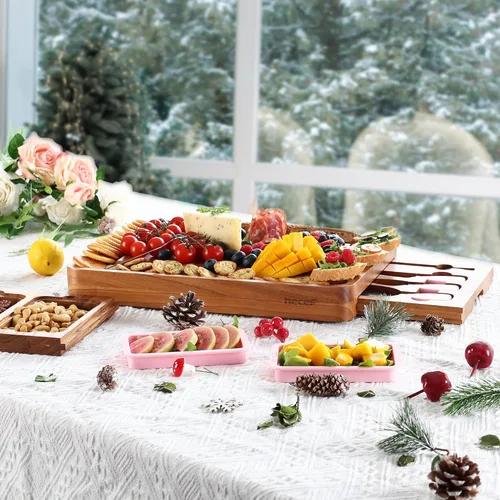 Miniatura 2 de hecef Juego grande de tabla de embutidos rosa con cuchillos de queso de acero inoxidable, juego de tabla de queso, bandeja de aperitivos de madera