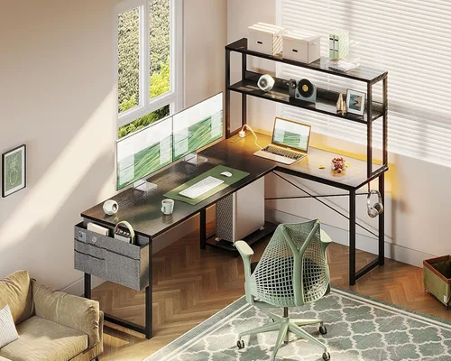 Miniatura 7 de Casaottima Escritorio para juegos de 61 pulgadas con tomas de corriente y luces LED, escritorio reversible en forma de L con estantes y bolsa