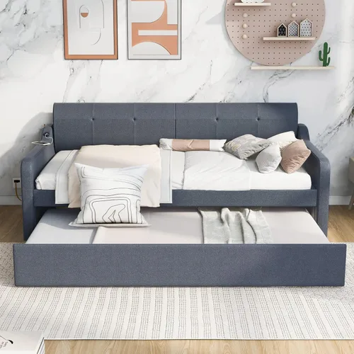 Miniatura 3 de Sofá cama individual con nido, sofá cama de tapicería con diseño de carga USB, nido puede ser plano o erigido, gris