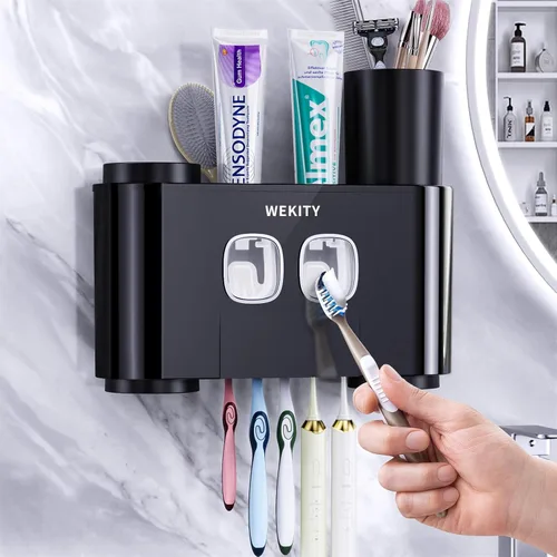 Portacepillos de Dientes, Portacepillos de Dientes Multifuncional Montado en Pared, Dispensador de Pasta de Dientes para Baño con 2 Exprimidores de