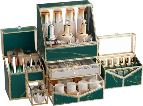 Miniatura 8 de Youdepot Organizador de maquillaje extra grande, almacenamiento de cosméticos de vidrio con cajones, organizador apilable de maquillaje y joyas