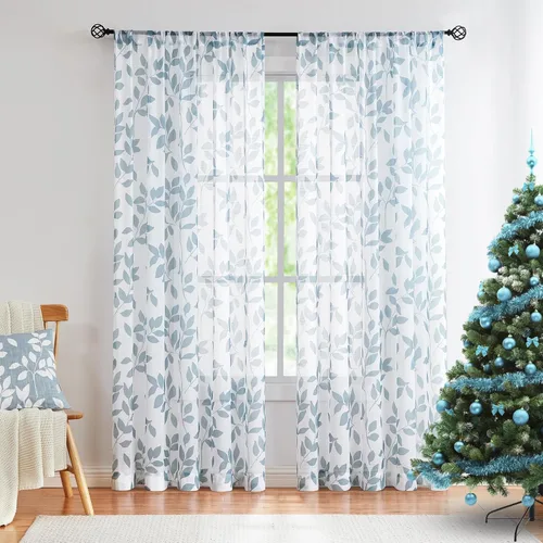 Miniatura 43 de Treatmentex Cortinas blancas y grises para dormitorio de 84 pulgadas de largo, cortinas semitransparentes con estampado de hojas para ventanas