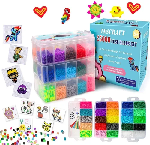 Miniatura 10 de Juego de cuentas fusibles, 21,000 piezas de cuentas fusibles, 22 colores de 0.197 in para niños, incluye 8 papel de planchar, 48 patrones, 4
