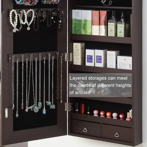 Miniatura 7 de GISSAR Armario de joyería con espejo de longitud completa, 6 luces LED, armario de joyería montado en la pared sobre la puerta, organizador de joyas